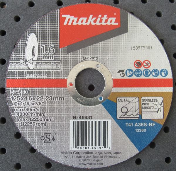 відрізний диск по металу та нержавію 125х1,6 A36S, плаский B-46931 (Makita, Япония)