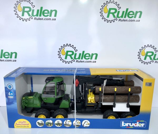 іграшка Bruder трактор з системою захоплення John Deere з причепом та колодами 02133
